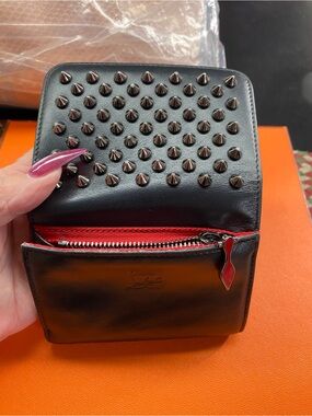 Christian Louboutin Black Leather Studded Compact Wallet with Red Zip Accent